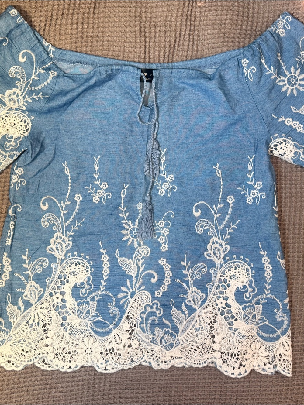 Blue Embroidered Off-Shoulder Peasant Top
